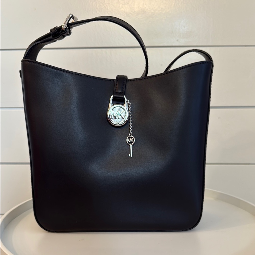 NWT Michael Kors Lyra Black Leather Shoulder Bag with Silver Accents